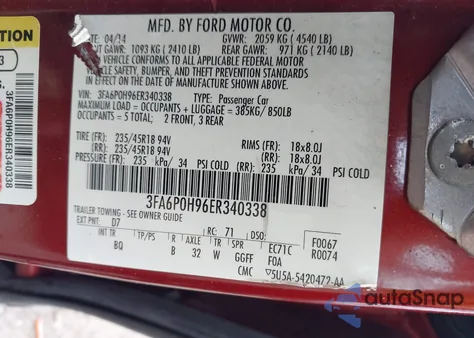 2014 Ford Fusion Se из США, поврежденный, VIN 3FA6P0H96ER340338